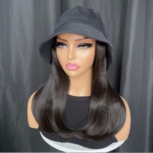 Synthetic Short Wig Black Bucket Hat